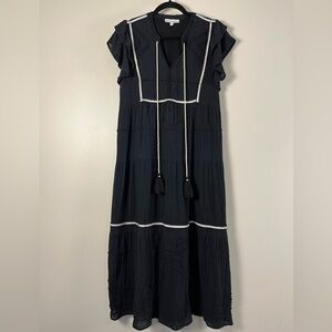 Black Linen Blend Tiered Boho Maxi Dress with White Trim. Size Medium